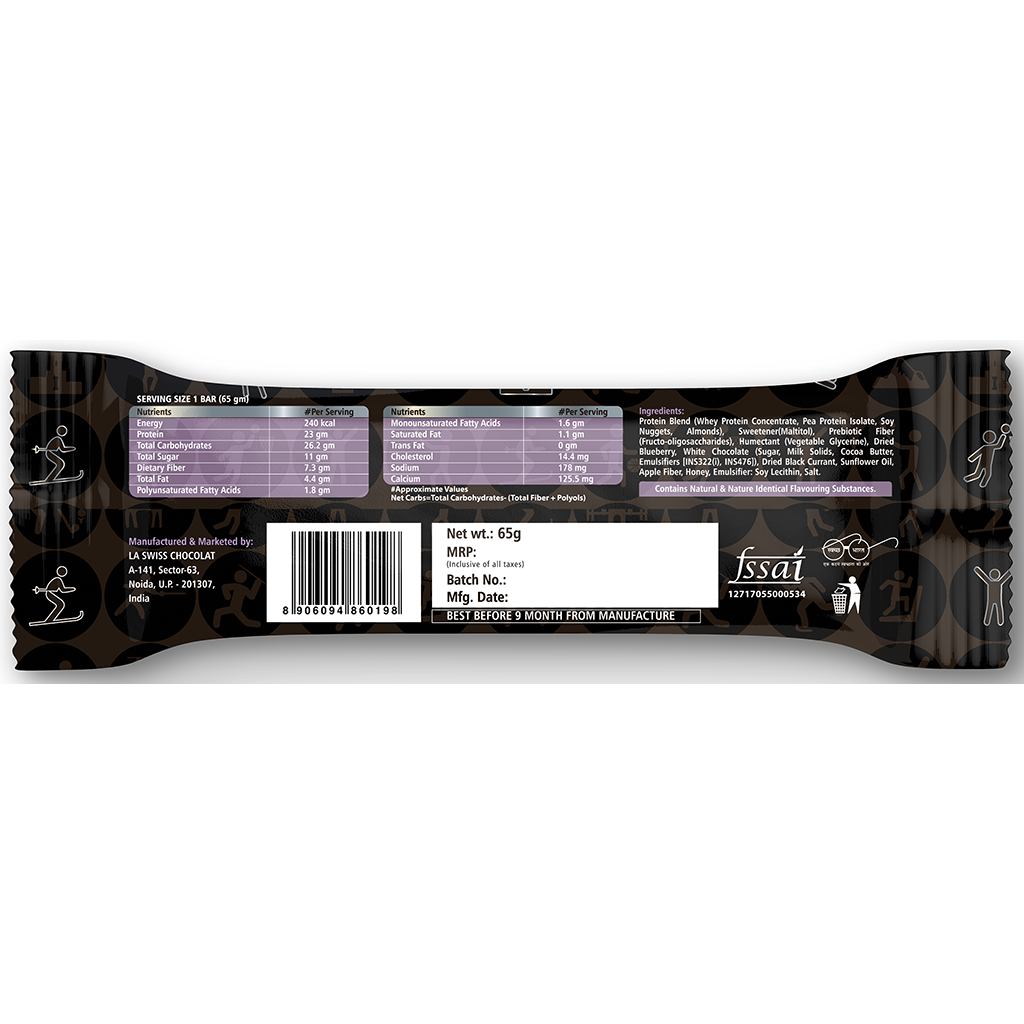 Blueberry Cheesecake Protein Bar 65g - 23g Protein, 7g Fiber - Pack of 6 Bars